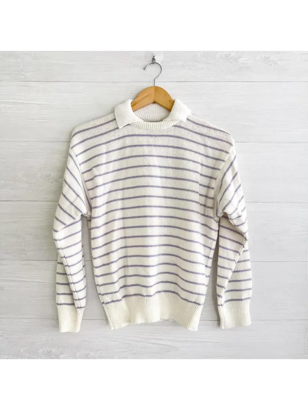 Vintage Picket & Post Lavender White Striped Collared Sweater Womens S - Picture 1 of 5